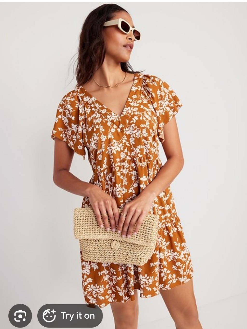 Old Navy Brown Floral Short Sleeve Tiered Mini Dress Sz Small Petite Boho Casual